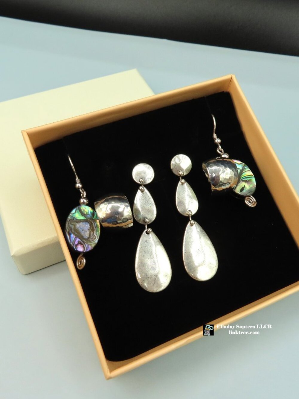 Abalone, Dangle, Huggy Silver Tone Earring Set